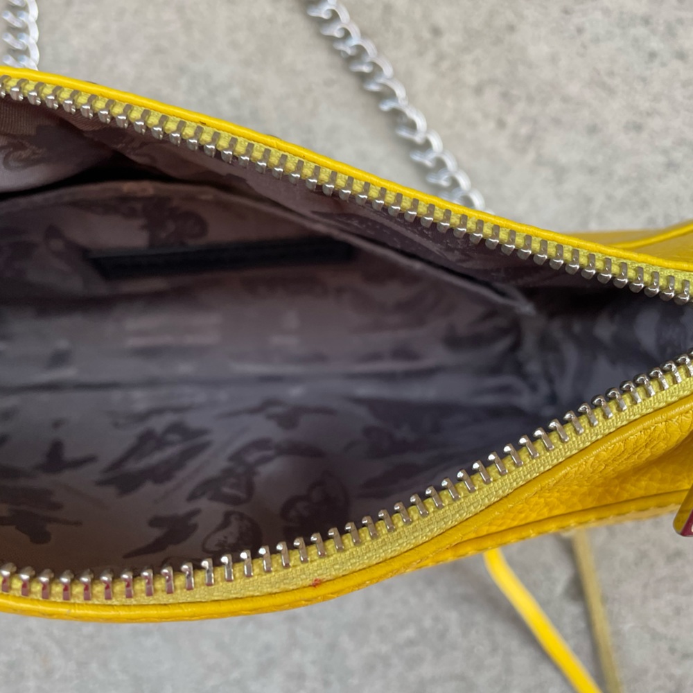 Canary Yellow Leather 5 Zip, Silver Chain Crossbody - Picture 5 of 13